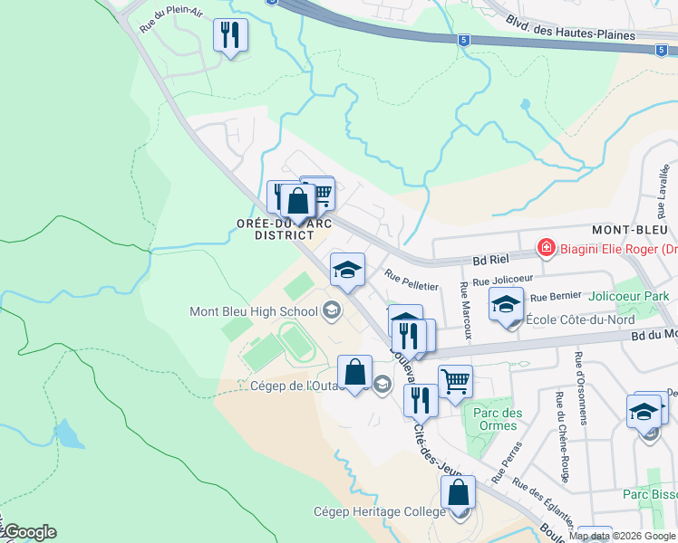 map of restaurants, bars, coffee shops, grocery stores, and more near 420 Boulevard de la Cité-des-Jeunes in Gatineau