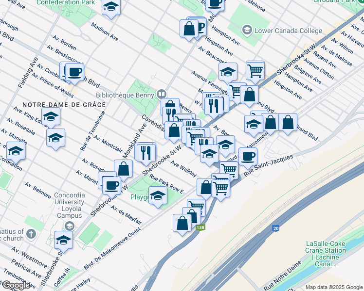 map of restaurants, bars, coffee shops, grocery stores, and more near 6550 Sherbrooke Street West in Montreal