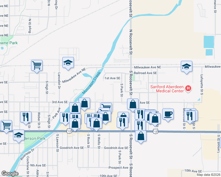 map of restaurants, bars, coffee shops, grocery stores, and more near 100-298 South Elm Street in Aberdeen