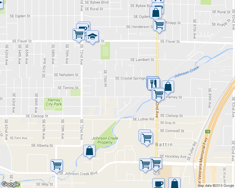 map of restaurants, bars, coffee shops, grocery stores, and more near 8310 Southeast 76th Place in Portland