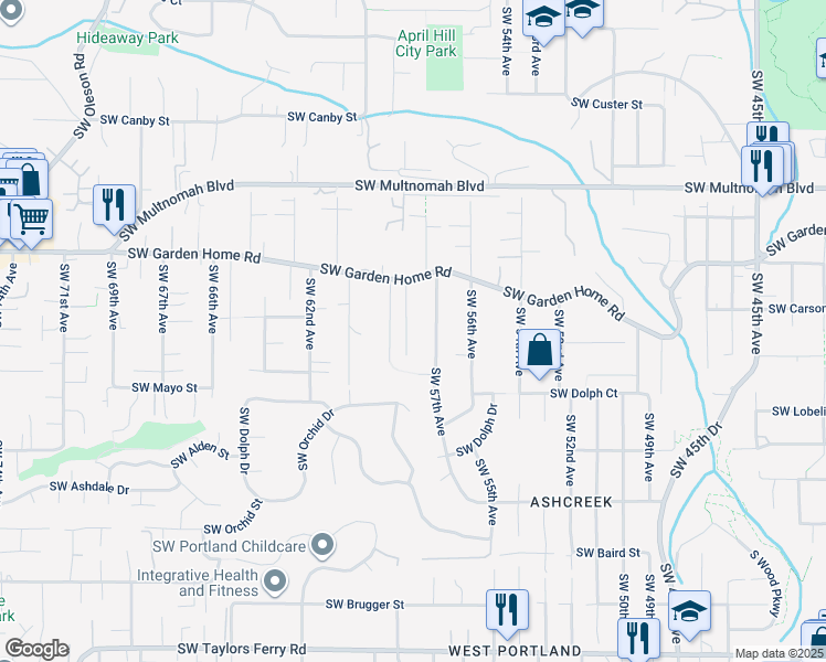 map of restaurants, bars, coffee shops, grocery stores, and more near 8444 Southwest 58th Avenue in Portland