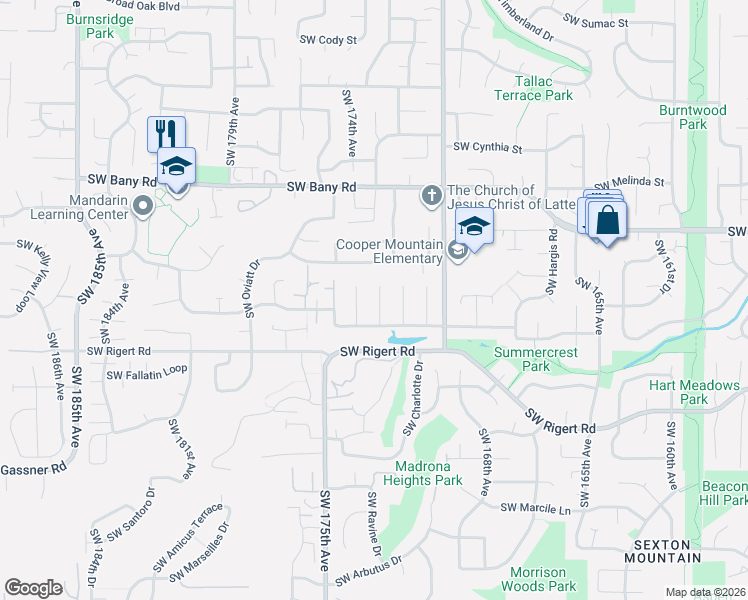 map of restaurants, bars, coffee shops, grocery stores, and more near 7799 Southwest 173rd Place in Beaverton
