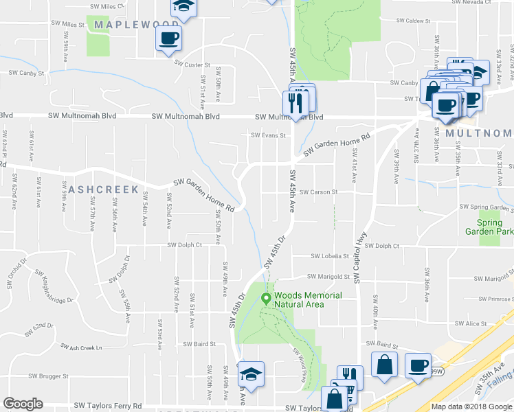 map of restaurants, bars, coffee shops, grocery stores, and more near 8421 Southwest 47th Avenue in Portland