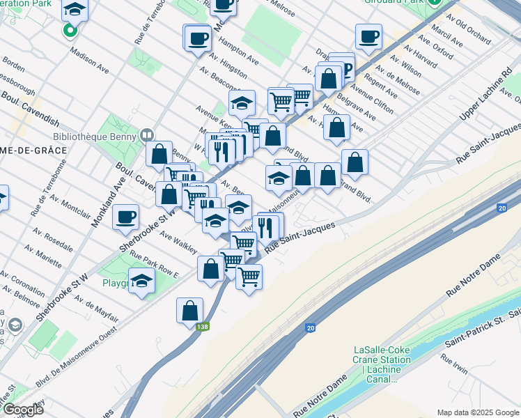 map of restaurants, bars, coffee shops, grocery stores, and more near in Montreal