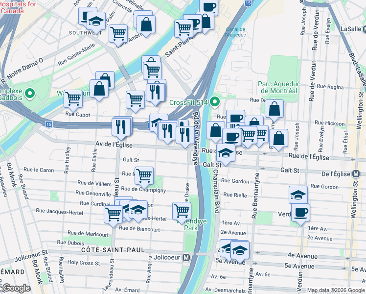 map of restaurants, bars, coffee shops, grocery stores, and more near 1429 Avenue de l'Église in Montréal