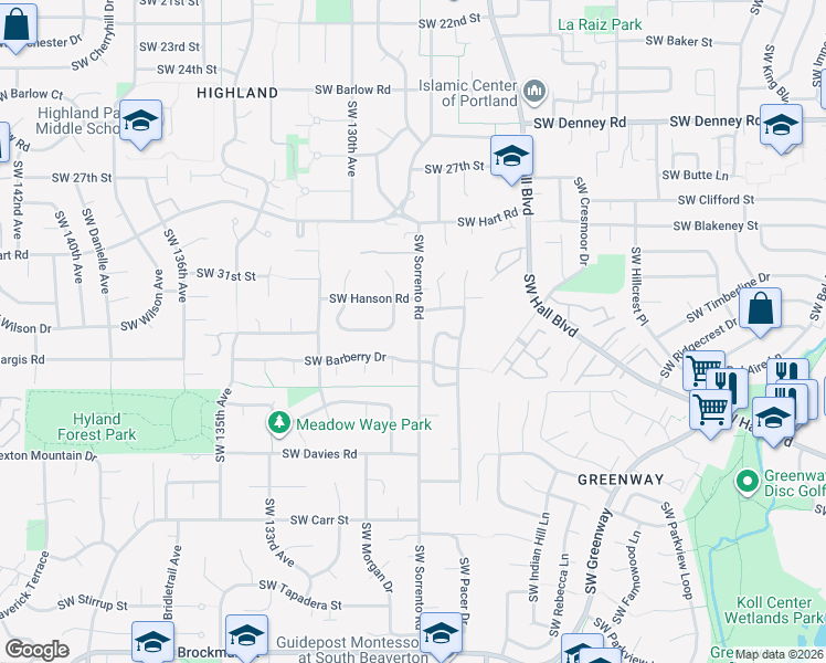 map of restaurants, bars, coffee shops, grocery stores, and more near 7785 Southwest Sorrento Road in Beaverton