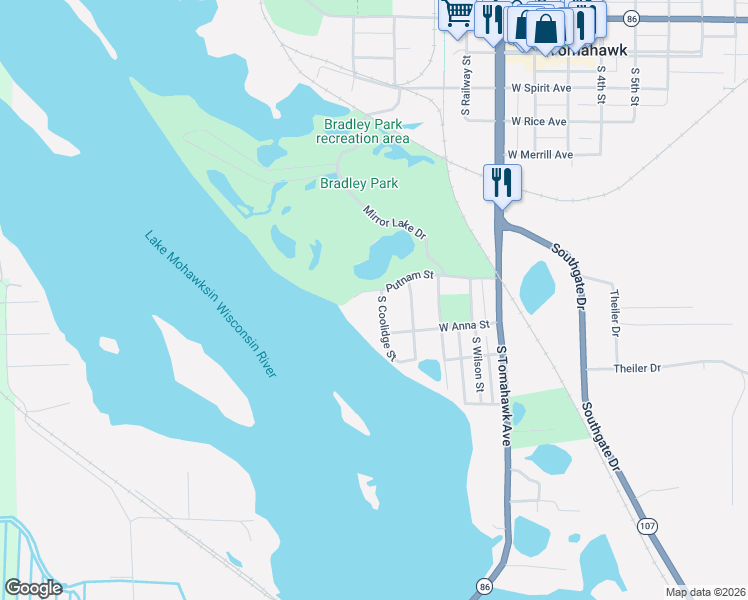 map of restaurants, bars, coffee shops, grocery stores, and more near 602 South Coolidge Street in Tomahawk