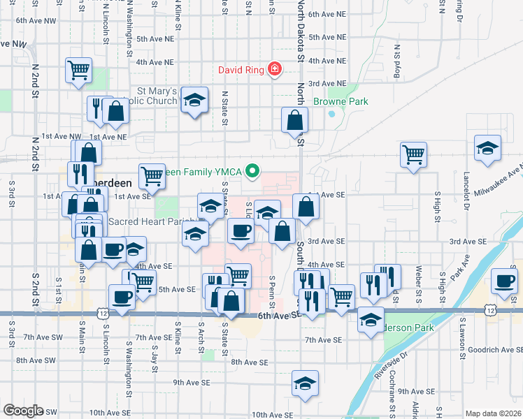 map of restaurants, bars, coffee shops, grocery stores, and more near 701-799 2nd Avenue Southeast in Aberdeen