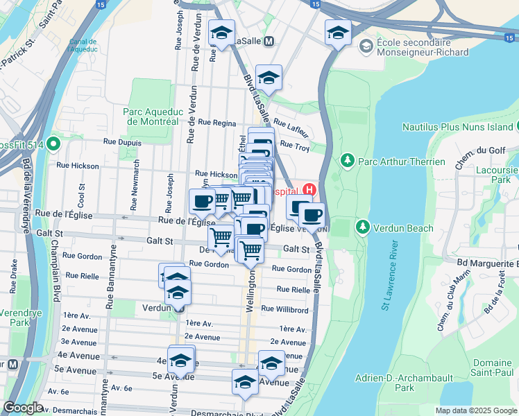 map of restaurants, bars, coffee shops, grocery stores, and more near 3972 Rue Wellington in Montréal