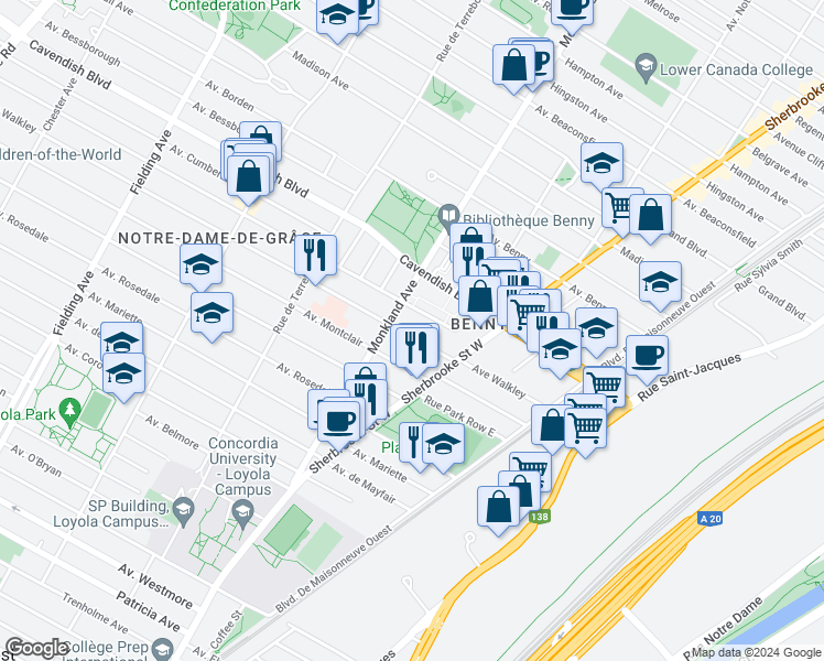 map of restaurants, bars, coffee shops, grocery stores, and more near 3481 Avenue Walkley in Montréal