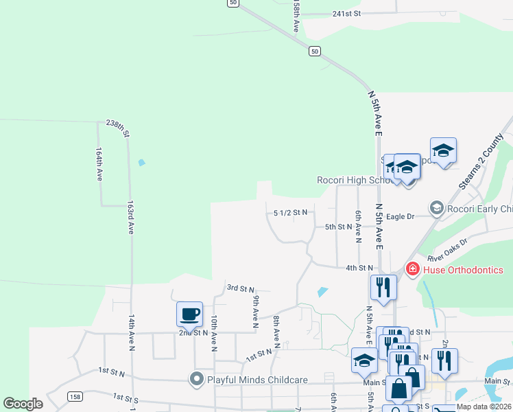 map of restaurants, bars, coffee shops, grocery stores, and more near 819 5 1/2 Street North in Cold Spring