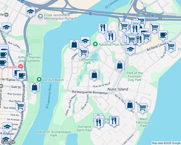 map of restaurants, bars, coffee shops, grocery stores, and more near 703 Chemin Marie le Ber in Montréal