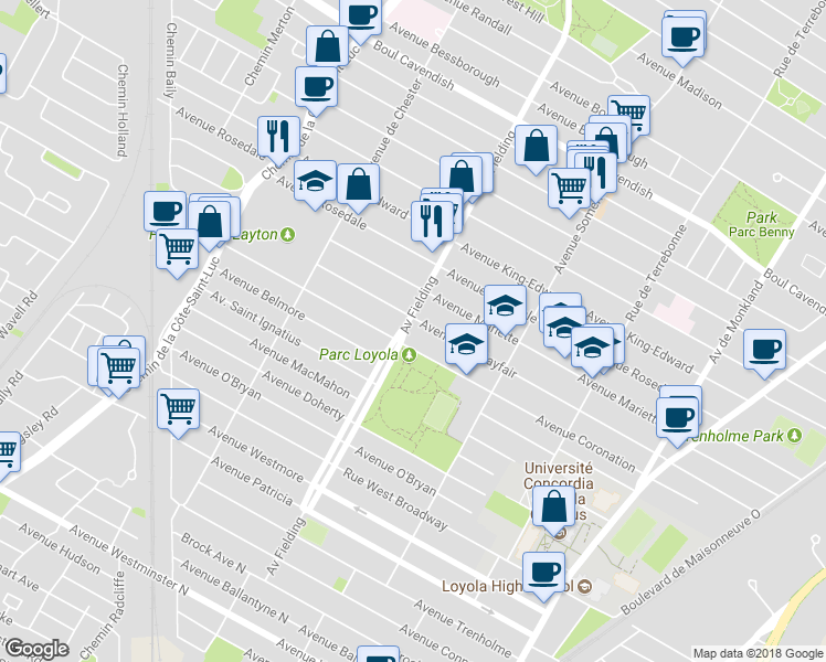 map of restaurants, bars, coffee shops, grocery stores, and more near 6950 Avenue Fielding in Montréal