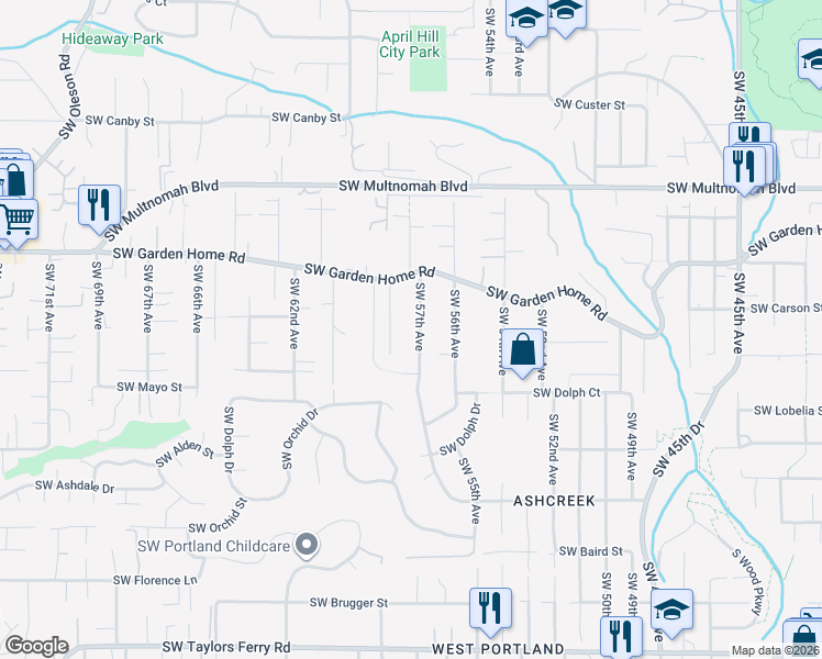 map of restaurants, bars, coffee shops, grocery stores, and more near 8445 Southwest 57th Avenue in Portland