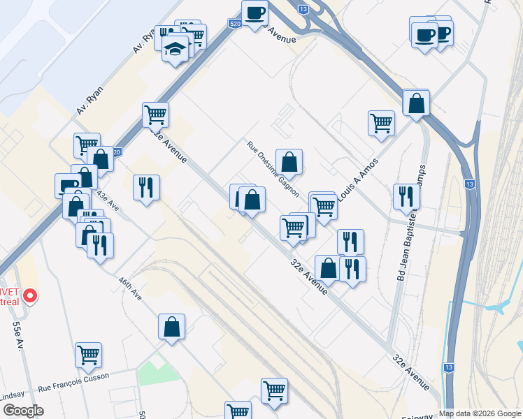 map of restaurants, bars, coffee shops, grocery stores, and more near 2080 32e Avenue in Montréal