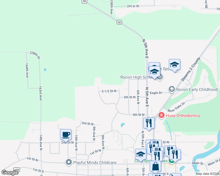 map of restaurants, bars, coffee shops, grocery stores, and more near 811 5 1/2 Street North in Cold Spring