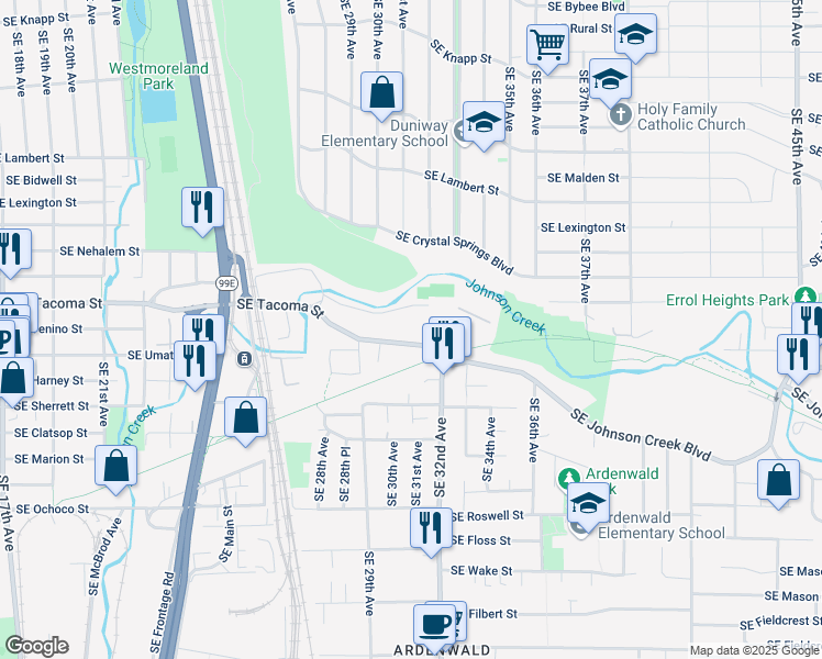 map of restaurants, bars, coffee shops, grocery stores, and more near 3043 Southeast Tacoma Street in Portland