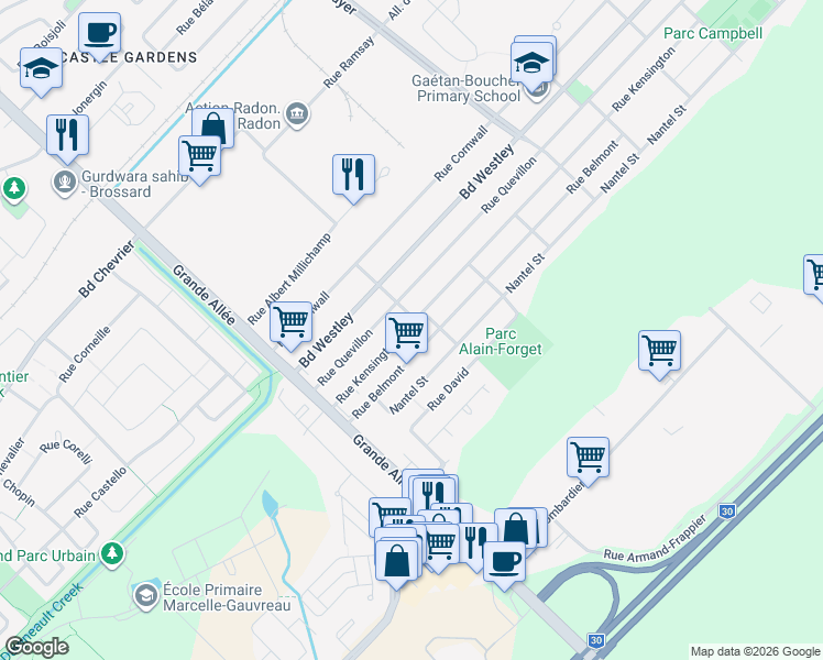 map of restaurants, bars, coffee shops, grocery stores, and more near 5301 Rue de Kensington in Longueuil