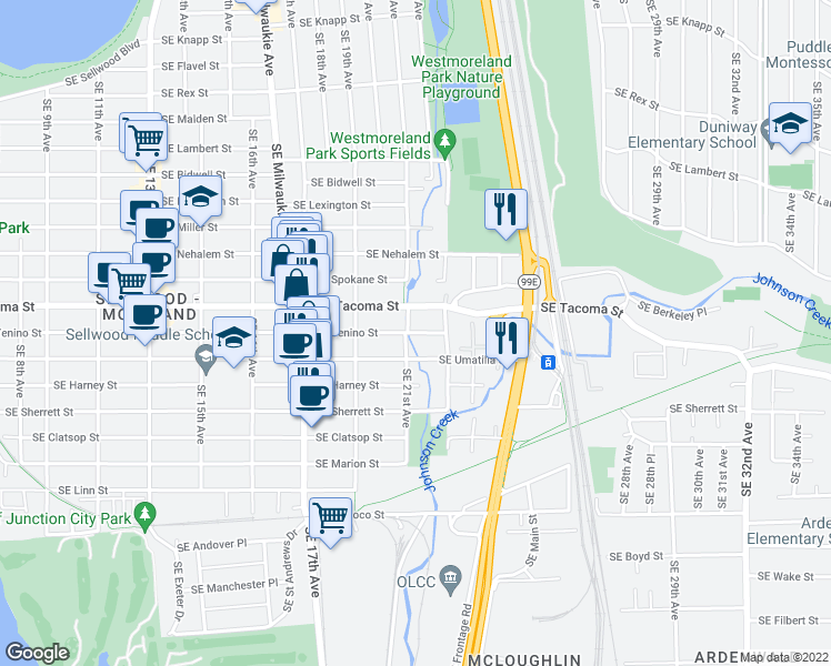 map of restaurants, bars, coffee shops, grocery stores, and more near 2114 Southeast Tenino Street in Portland