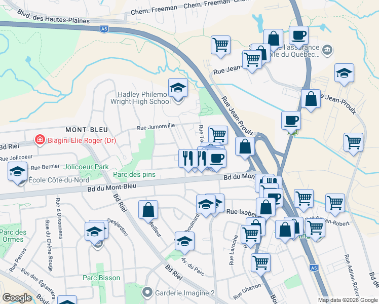 map of restaurants, bars, coffee shops, grocery stores, and more near 29 Rue Daniel-Johnson in Gatineau