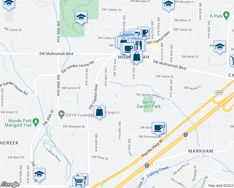 map of restaurants, bars, coffee shops, grocery stores, and more near 8476 Southwest 37th Avenue in Portland