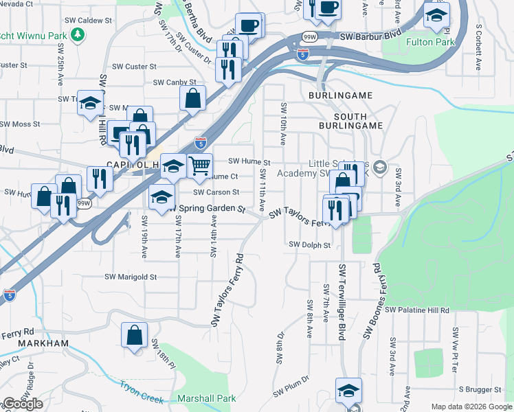 map of restaurants, bars, coffee shops, grocery stores, and more near 1227 Southwest Spring Garden Street in Portland