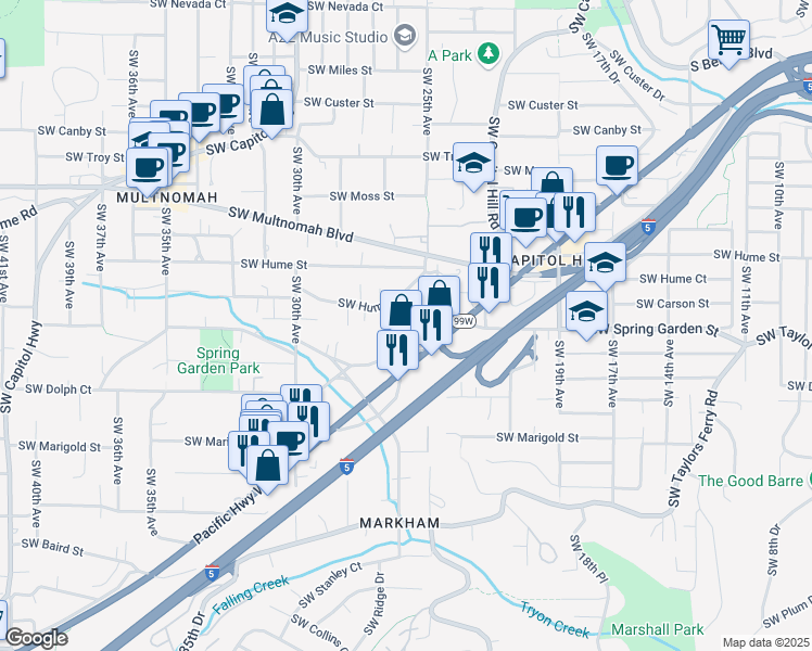 map of restaurants, bars, coffee shops, grocery stores, and more near 2531 Southwest Spring Garden Street in Portland