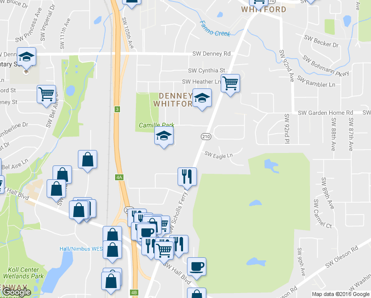 map of restaurants, bars, coffee shops, grocery stores, and more near 7799 Oregon 210 in Beaverton