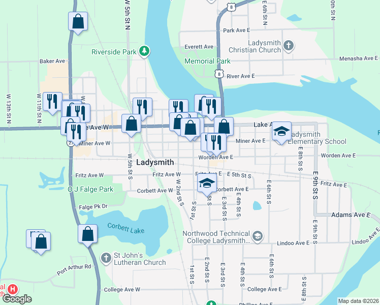 map of restaurants, bars, coffee shops, grocery stores, and more near 120 1st Street South in Ladysmith