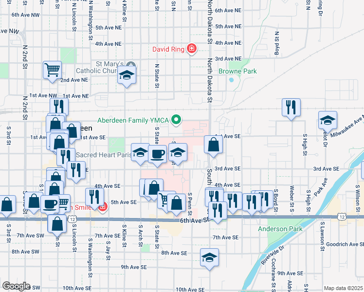 map of restaurants, bars, coffee shops, grocery stores, and more near 701-799 2nd Avenue Southeast in Aberdeen