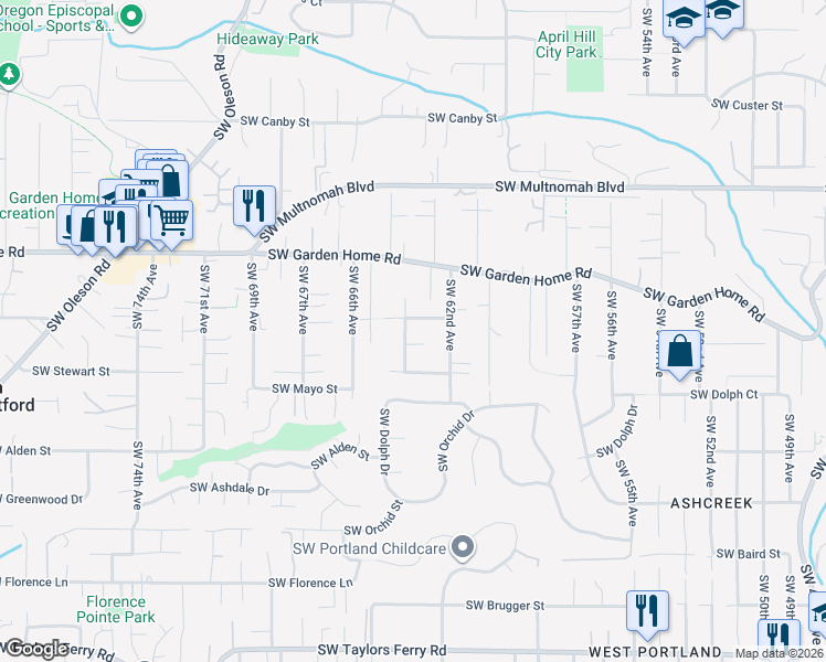 map of restaurants, bars, coffee shops, grocery stores, and more near 8506 Southwest 64th Avenue in Portland