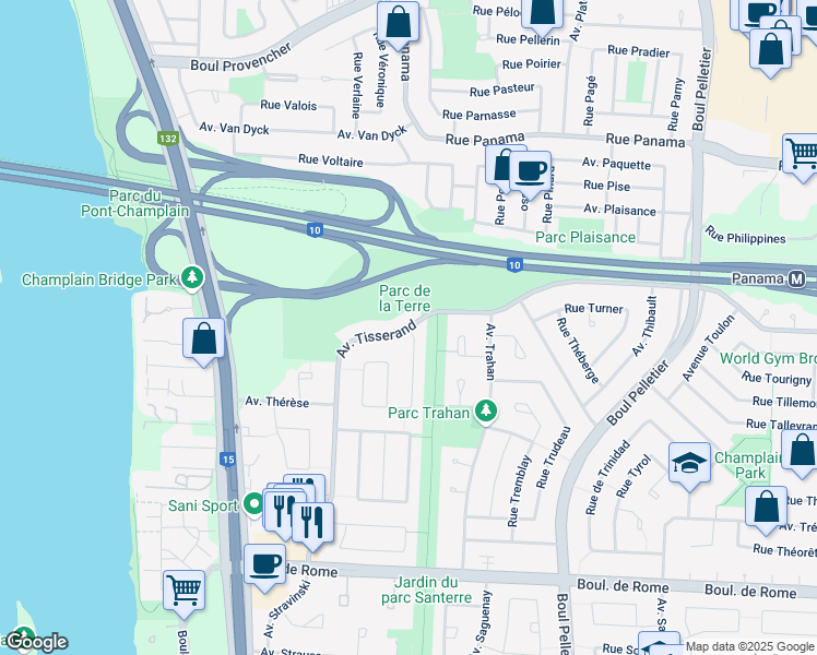 map of restaurants, bars, coffee shops, grocery stores, and more near 6135 Avenue Tisserand in Brossard