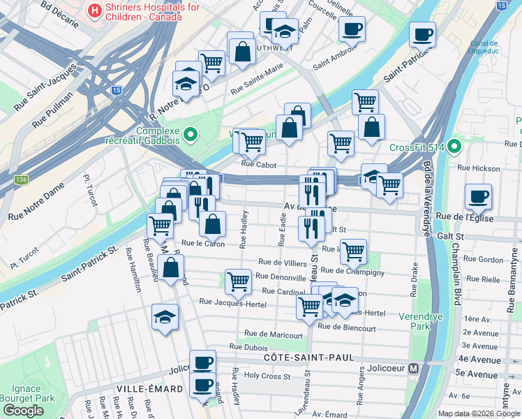 map of restaurants, bars, coffee shops, grocery stores, and more near 2075 Rue Galt in Montréal