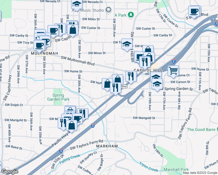 map of restaurants, bars, coffee shops, grocery stores, and more near 2531 Southwest Spring Garden Street in Portland