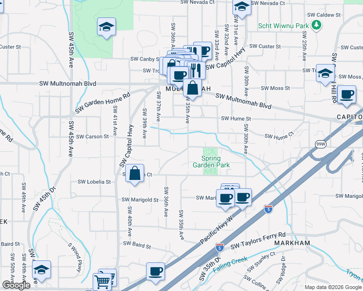 map of restaurants, bars, coffee shops, grocery stores, and more near 3535 Southwest Spring Garden Street in Portland
