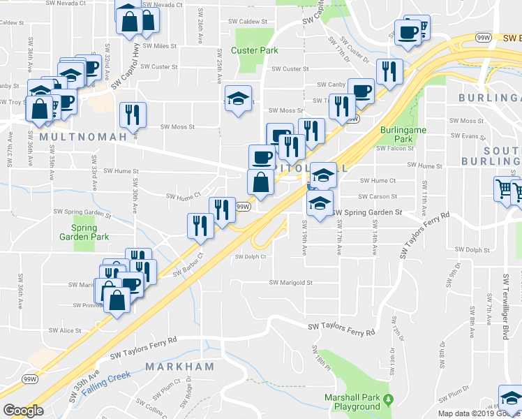 map of restaurants, bars, coffee shops, grocery stores, and more near 8430 Southwest 22nd Avenue in Portland