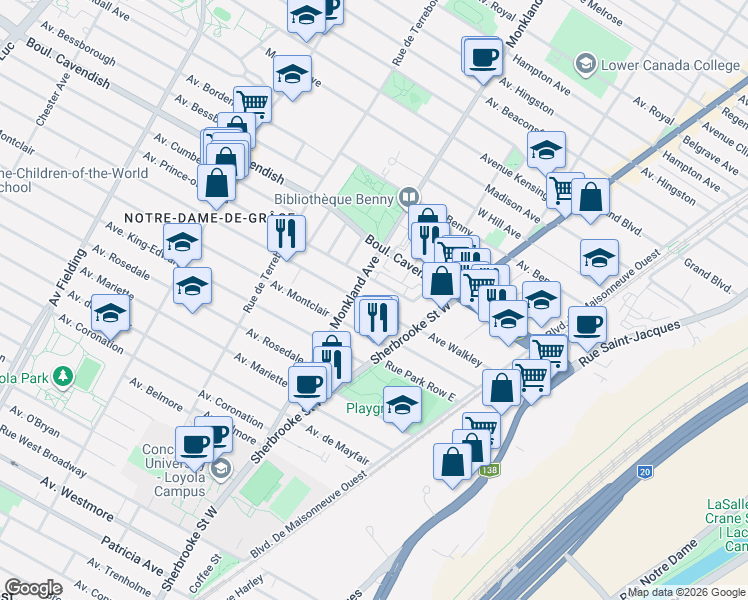 map of restaurants, bars, coffee shops, grocery stores, and more near 3481 Avenue Walkley in Montréal
