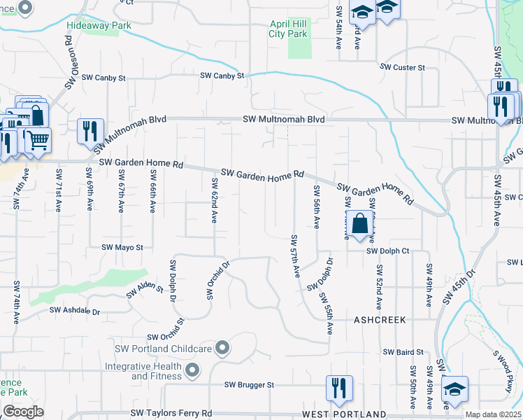 map of restaurants, bars, coffee shops, grocery stores, and more near 8443 Southwest 59th Avenue in Portland