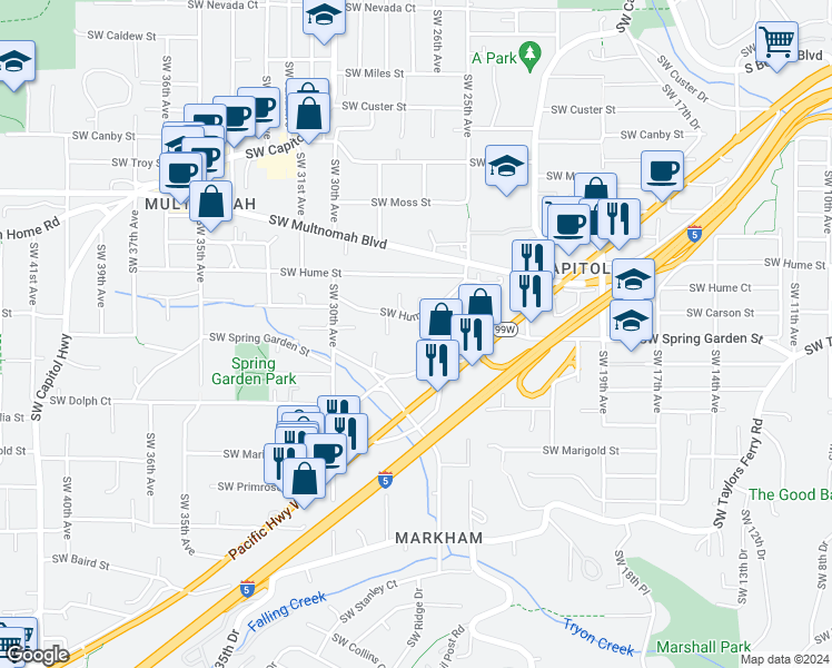 map of restaurants, bars, coffee shops, grocery stores, and more near 2676 Southwest Hume Court in Portland