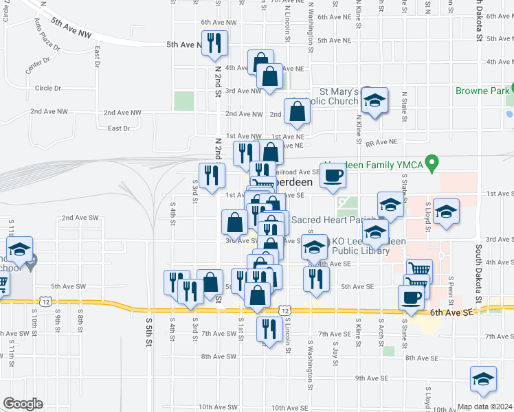 map of restaurants, bars, coffee shops, grocery stores, and more near 112 South Main Street in Aberdeen