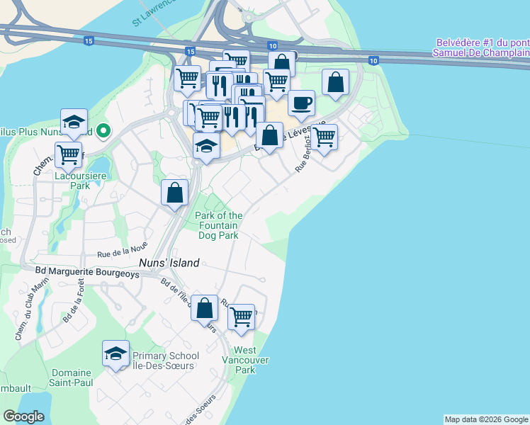 map of restaurants, bars, coffee shops, grocery stores, and more near 100 Rue Berlioz in Montréal