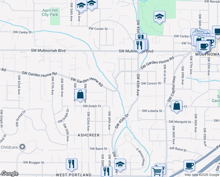 map of restaurants, bars, coffee shops, grocery stores, and more near 4911 Southwest Garden Home Road in Portland