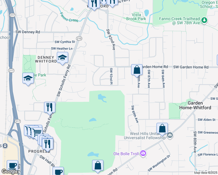 map of restaurants, bars, coffee shops, grocery stores, and more near 9240 Southwest Camille Terrace in Portland