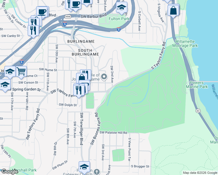 map of restaurants, bars, coffee shops, grocery stores, and more near 223 SW Taylors Ferry Rd in Portland