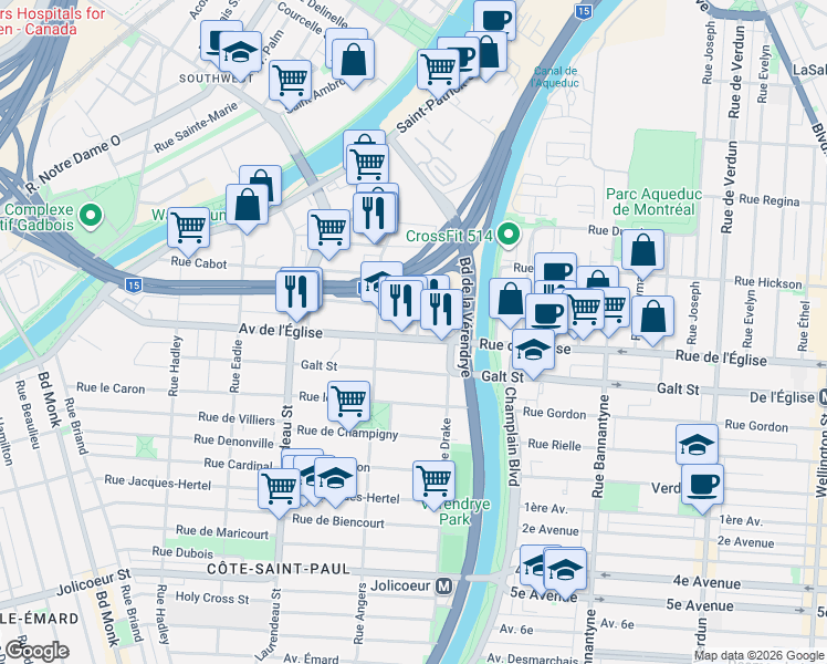 map of restaurants, bars, coffee shops, grocery stores, and more near 1525 Avenue de l'Église in Montréal