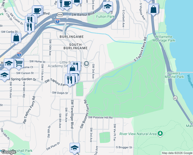map of restaurants, bars, coffee shops, grocery stores, and more near 223 SW Taylors Ferry Rd in Portland