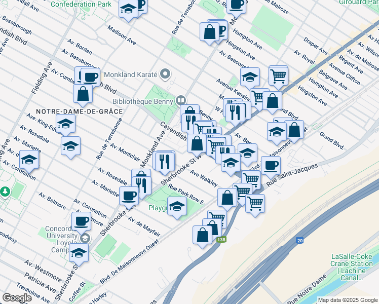 map of restaurants, bars, coffee shops, grocery stores, and more near 6545 Rue Sherbrooke Ouest in Montréal
