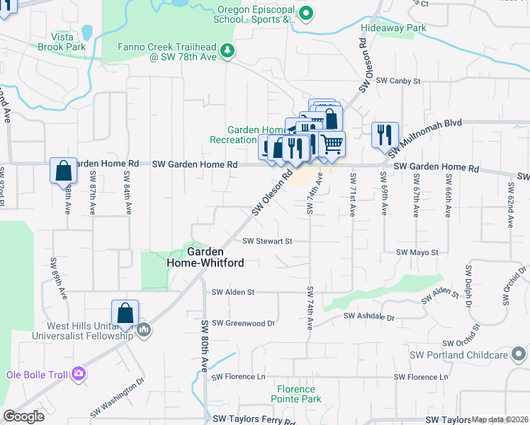 map of restaurants, bars, coffee shops, grocery stores, and more near 7770 Southwest Oleson Road in Portland