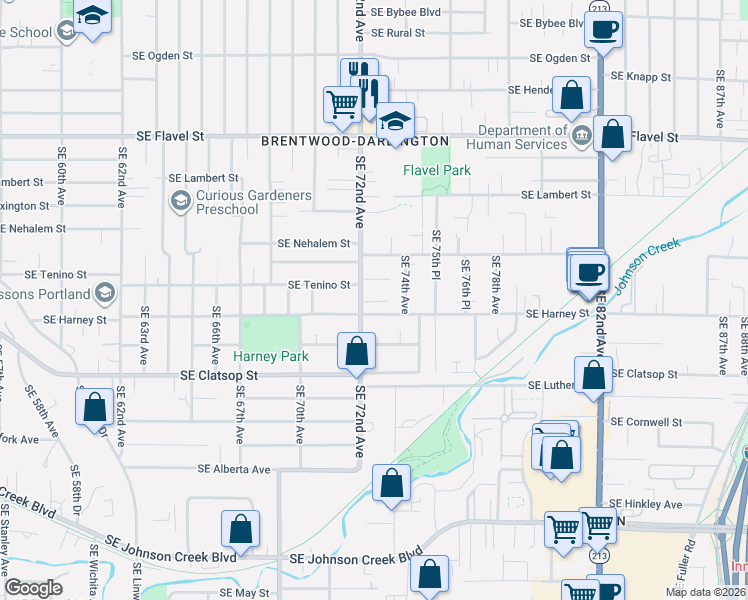 map of restaurants, bars, coffee shops, grocery stores, and more near 7215 Southeast Harney Street in Portland
