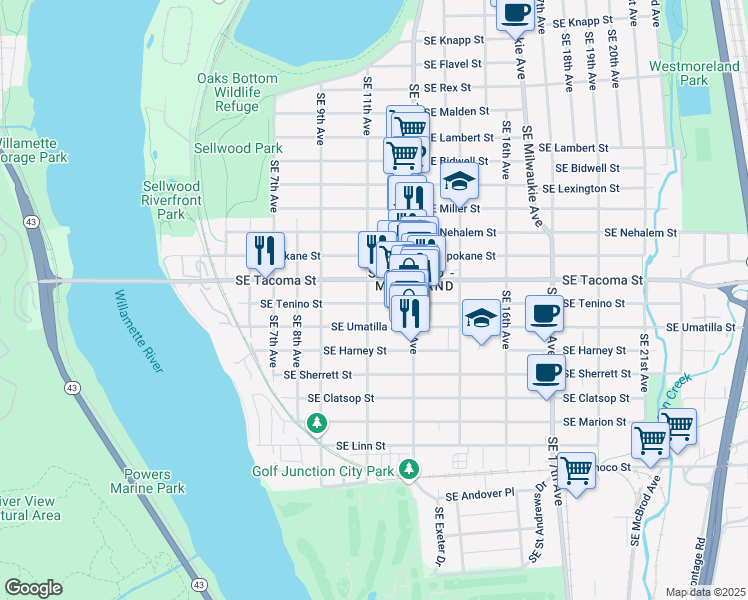 map of restaurants, bars, coffee shops, grocery stores, and more near in Portland